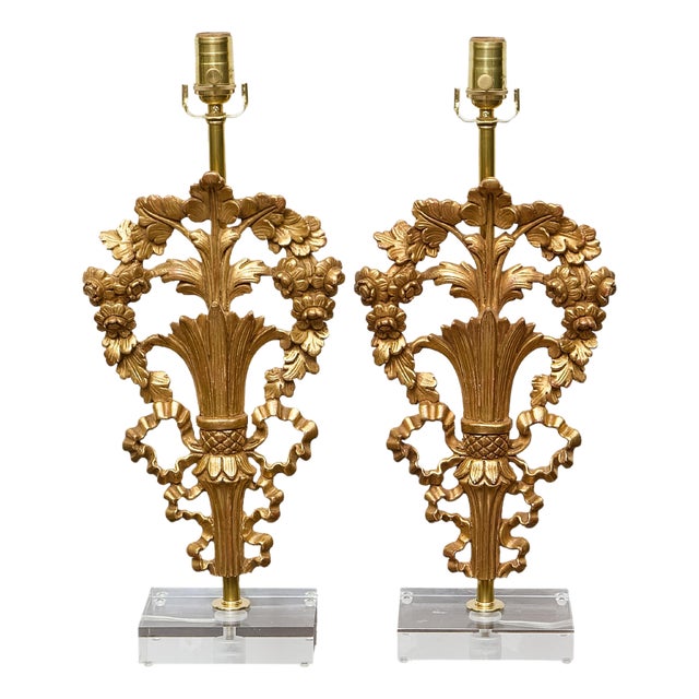19th Century French Giltwood Floral Fragments Made into Lamps on Custom Lucite Bases - a Pair For Sale