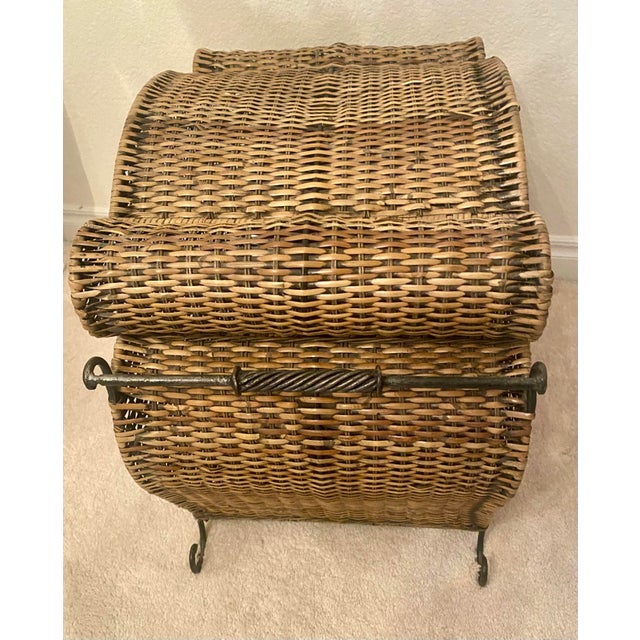 Vintage Woven Rattan Bombay Storage Chest With Lid Wrought Iron Scroll Feet, Handles, and Latch. For Sale - Image 15 of 17