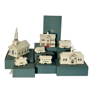 Lenox Holiday Village Porcelain Buildings and Train Cars, Seven-Piece Set For Sale