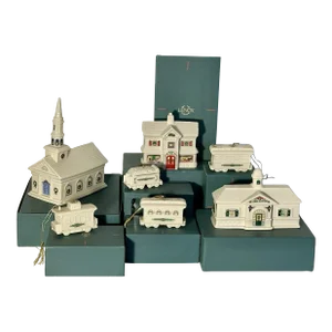 Lenox Holiday Village Porcelain Buildings and Train Cars, Seven-Piece Set