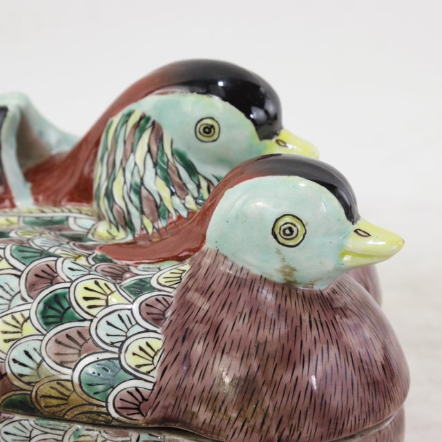 Chinese Vintage Chinese Famille Verte Porcelain Pair of Mandarin Ducks Covered Bowl For Sale - Image 3 of 12