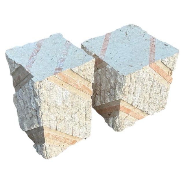 Late 20th Century Postmodern Tessellated Pink Marble and Beige Stone Pedestal Set For Sale - Image 5 of 9