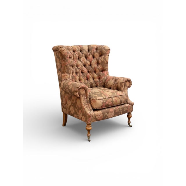 Wood Large Scale Victorian English Ralph Lauren Style Tufted Wingback Chair For Sale - Image 7 of 7