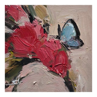 Butterfly Pink Flowers Original Oil Painting by Vivek Mandalia For Sale