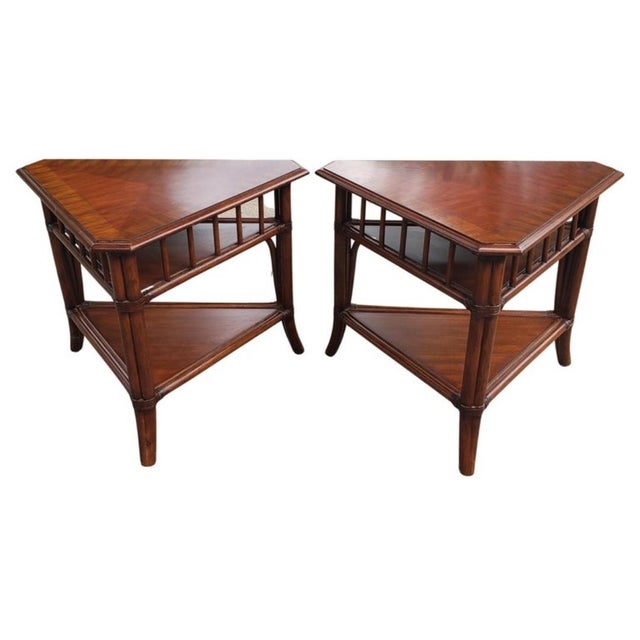 Ethan Allen Rattan Mahogany and Walnut Side Tables or Corner Tables, a