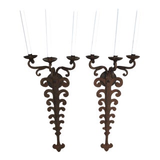 Vintage Italian Wrought Iron 3-Light Electric Sconces Wall Lamps - a Pair For Sale