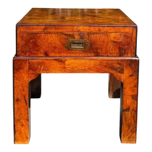 Antique Oyster Burl Walnut Campaign Low Nightstand or Side Table