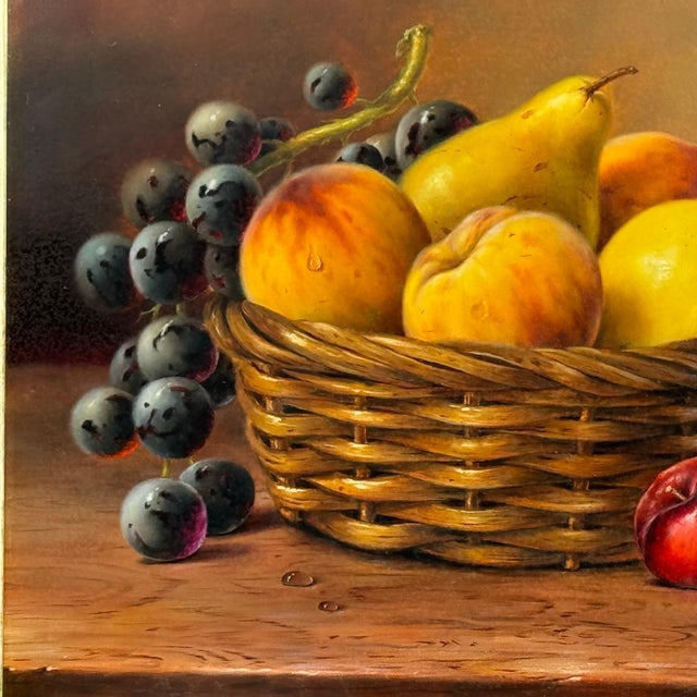 Realism Still Life with Fruit in Basket - Vintage Oil in Ornate Frame by British Artist 1987 For Sale - Image 3 of 12