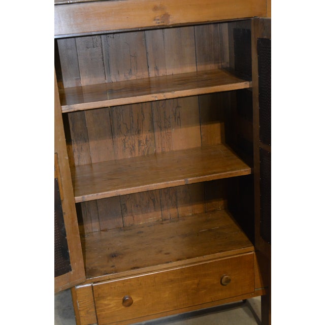 Vintage Wood & Brick Red Punched Tin Pie Safe Cabinet W/ Shelves & Lower Drawer For Sale - Image 11 of 18