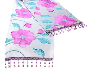 Floral Embroidery Natural Silk Table Runner With Sequins and Fringe