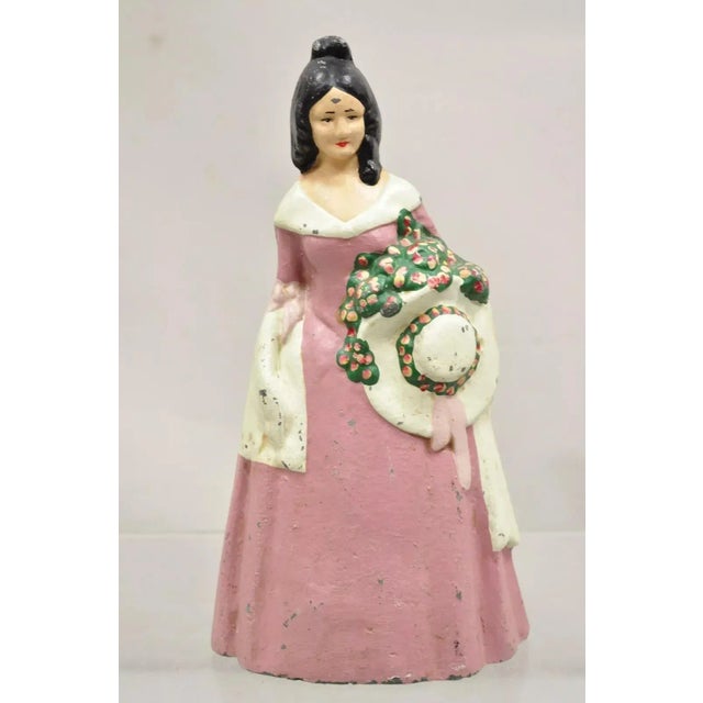 Antique Victorian Tall Cast Iron Painted Figural Woman Pink Dress Door Stop For Sale - Image 10 of 10