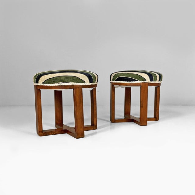 Italian Art Deco Round Ottomans in Fabric and Wood, 1930s, Set of 2 For Sale - Image 15 of 15