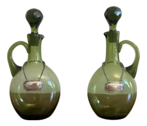 Antique Victorian Green Glass Spirit Decanters, 1840, Set of 2