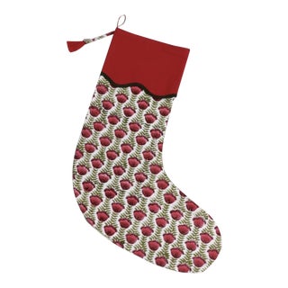 Handmade Red Floral Christmas Stocking with Navy Piping For Sale