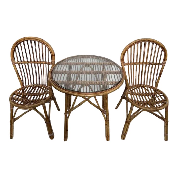 Vintage Italian Rattan and Bamboo Bistro Table & 2 Chairs | Chairish