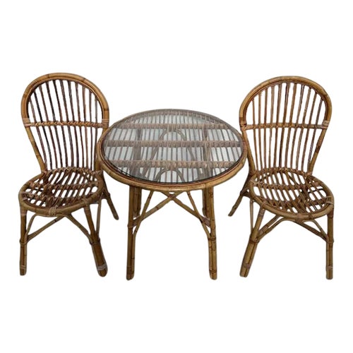 Vintage Italian Rattan and Bamboo Bistro Table Chairs