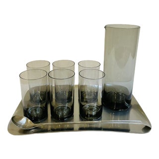 Mid-Century Modern Cocktail Set Jug and Mug in Smoked Glass by Cromargan Günter Kupetz Design for WMF, 1959, Set of 9 For Sale