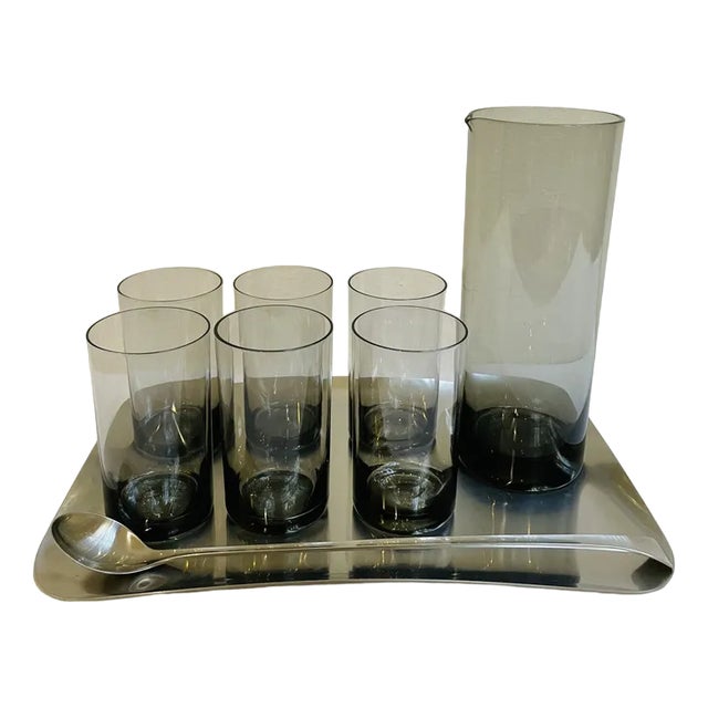 Mid-Century Modern Cocktail Set Jug and Mug in Smoked Glass by Cromargan Günter Kupetz Design for WMF, 1959, Set of 9 For Sale