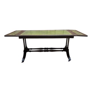 Regency English Coffee Table in Mahogany and Green Leather Embossed with Gold, 1890s For Sale