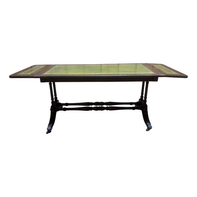 Regency English Coffee Table in Mahogany and Green Leather Embossed with Gold, 1890s For Sale