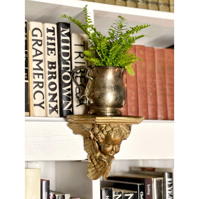Pair of Vintage Gilded Plaster Winged Cherub Wall Sconce Shelves For Sale - Image 12 of 12