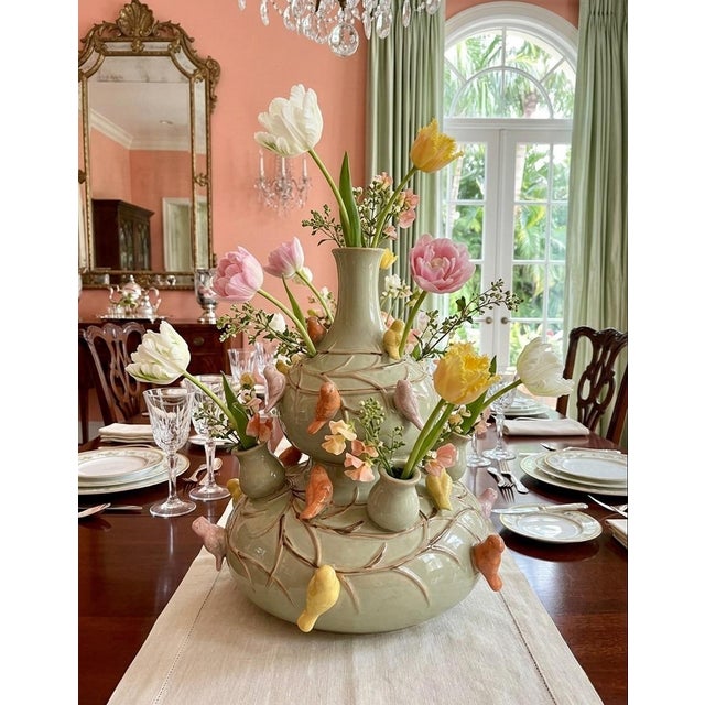 Vintage Italian Hand-Painted Ceramic Bird Tulipiere & Bud Vase For Sale - Image 10 of 11