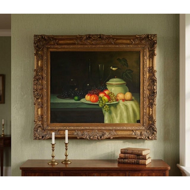 Vintage Mid-20th Century Realist Still Life Oil Painting After Johann Winck With Fruit and Porcelain Tureen For Sale - Image 12 of 12