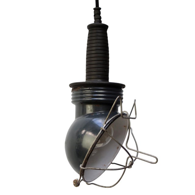 Metal Vintage Industrial Blue Enamel Work Pendant Lamp For Sale - Image 7 of 7