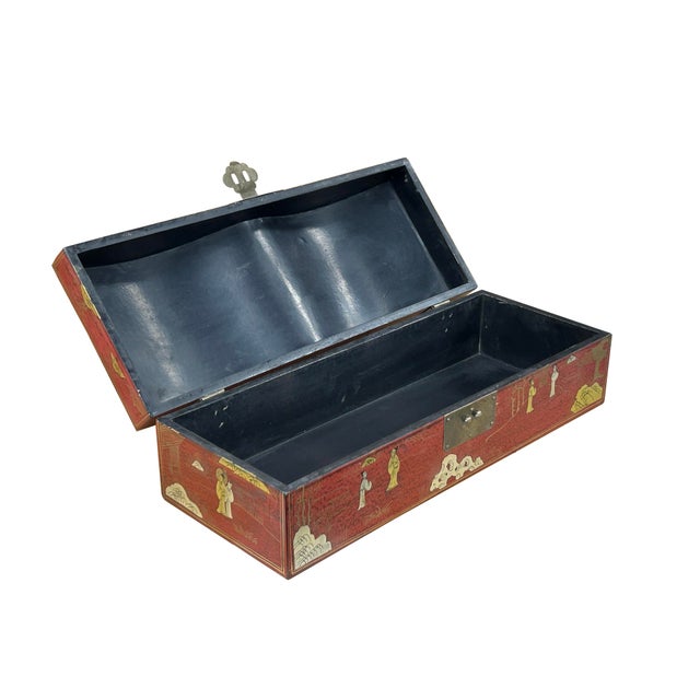 1990s Red Lacquer Chinoiserie-Style Gold Silver Scenery Graphic Rectangular Box For Sale - Image 5 of 13