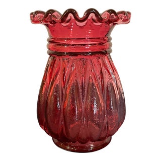 Mid 20th Century Cranberry Ruffled & Ribbed Art Glass Vase by Kanawha Glass Company For Sale