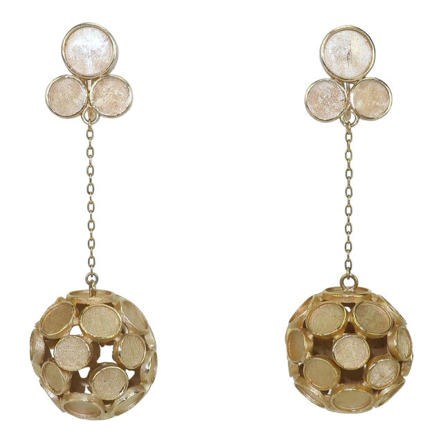 1950's Crown Trifari Mod Gold Tone Drop Dangle Earrings, a Pair For Sale