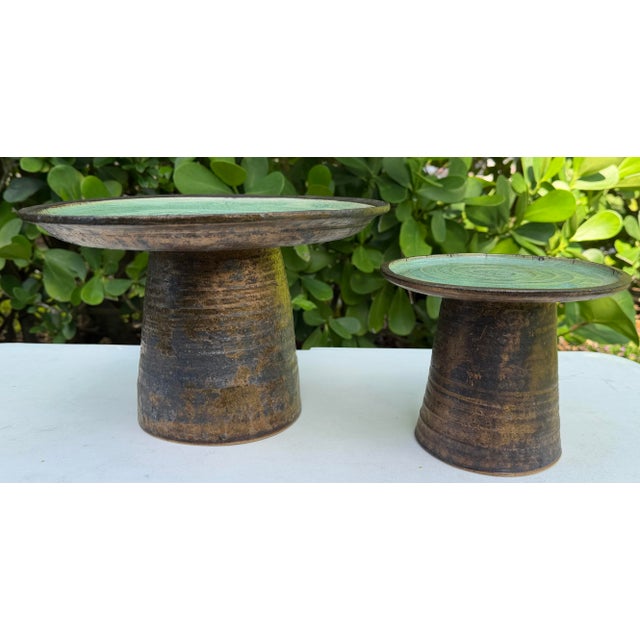 Vintage Organic Modern Studio Pottery Pedestal Bowls, Graduated Pair For Sale In Naples, FL - Image 6 of 12