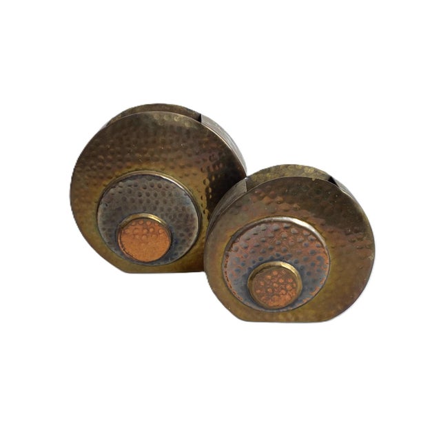 Vintage Pair Rosenthal Netter Hammered Brass and Copper Disc Art Deco Vase For Sale - Image 12 of 12