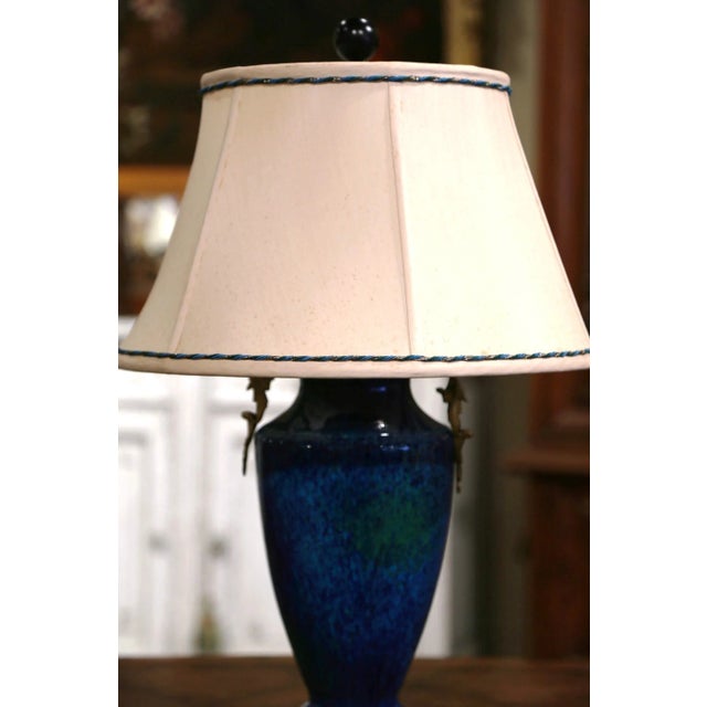 Mid 20th Century Mid-Century French Blue Glazed Ceramic and Bronze Urn Table Lamp For Sale - Image 5 of 10