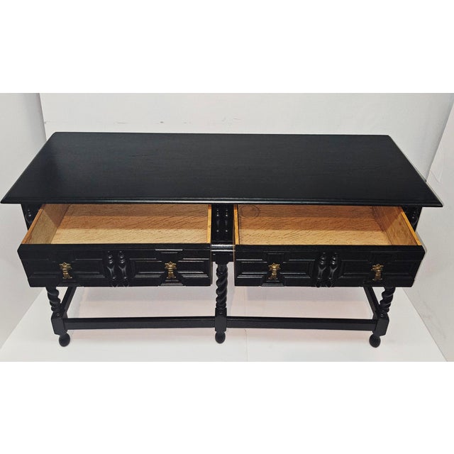 Ebony Antique Kittinger Two Drawer Ebonized Oak Jacobean Style Sideboard / Console Table For Sale - Image 8 of 12
