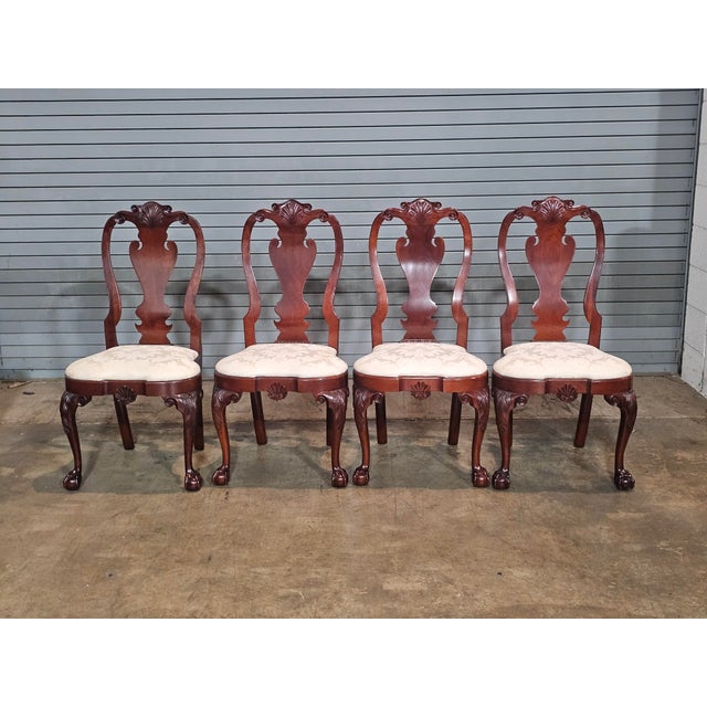 Queen Anne Set of 8 Kindel Winterthur Collection Mahogany Clawfoot Dinning Arm Chairs Silk For Sale - Image 3 of 14