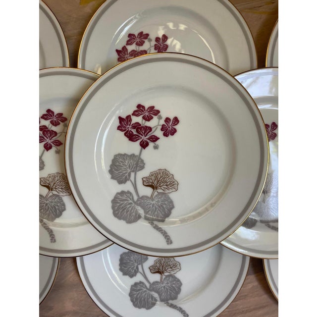 Asian Vintage Noritake Geranium Burgundy and Gray 10” Dinner Plates - Set of Nine (9) For Sale - Image 3 of 9