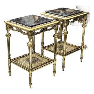 French Marble-Top End Tables With Hand-Gilded Gold Leaf Frames – Set of 2 For Sale