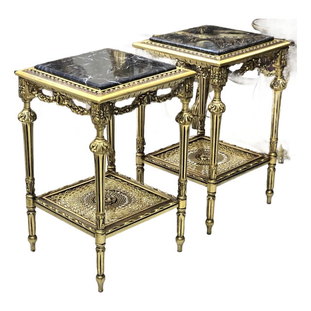 French Marble-Top End Tables With Hand-Gilded Gold Leaf Frames – Set of 2 For Sale