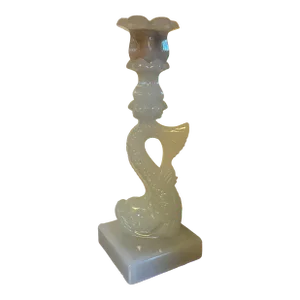 Antique 19th Century Boston & Sandwich Glass Dolphin Form Candlestick in Clam Broth