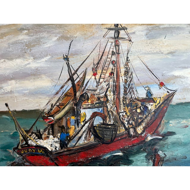 Red 1950s Mid Century Acrylic on Board Painting of a Boat at Sea For Sale - Image 8 of 12