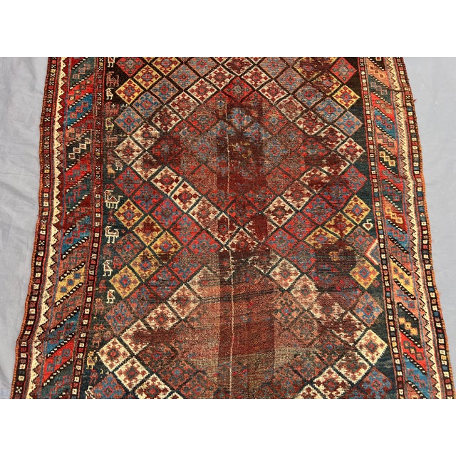Tribal Real Antique Distressed Caucasian Tribal Rug With Diamond Lattice Design in Multicolor Geometric Pattern Rug For Sale - Image 3 of 10