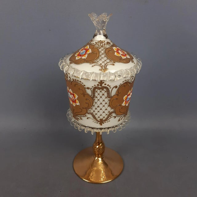 Murano Glass Vase or Centerpiece with Lid in Pure Gold and Floral Decor, 1950s For Sale - Image 4 of 16