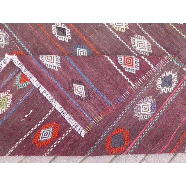 60s Aesthetic Wine Red Turkish Embroidered Jejim Kilim Area Rug For Sale - Image 4 of 11