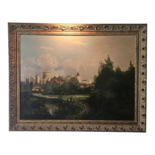 Large Windsor Castle Thames Landscape Oil Painting in Ornate Pierced Frame With Picture Light For Sale