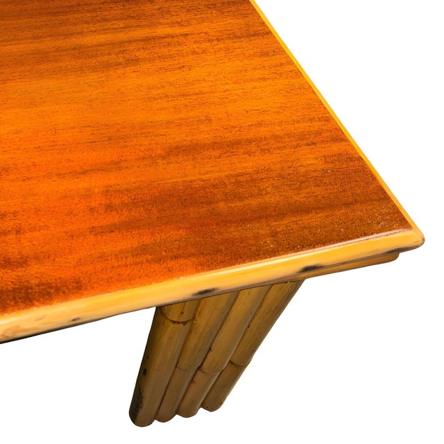 1950s Restored Rattan & Curly Mahogany Square Coffee Table W/ Stacked Rattan Legs For Sale - Image 5 of 6