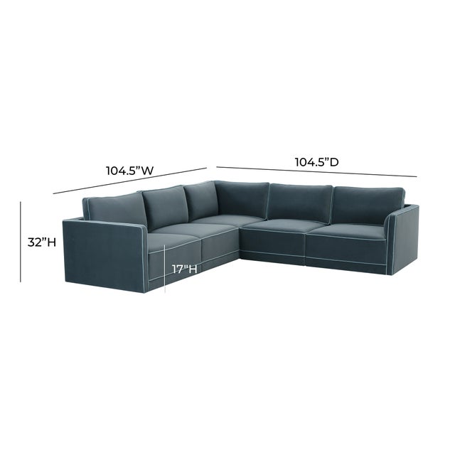 Willow Misty Blue with Pale Blue Piping Modular 5-Piece Performance Velvet L Sectional For Sale In Los Angeles - Image 6 of 7