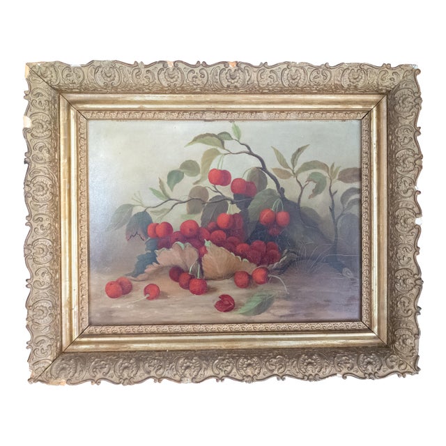 19th Century American Still Life Oil Painting of Cherries, Unsigned For Sale