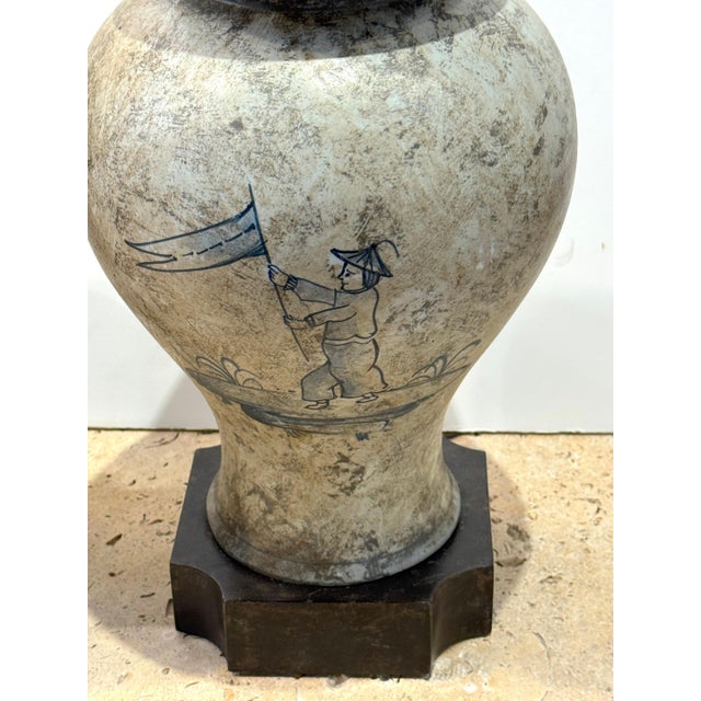 Late 20th Century Pair of Deft-Style Chinoiserie Urn Lamps with Banner-Bearer Decoration For Sale - Image 5 of 18