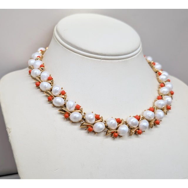 White Vintage 1959 Signed Crown Trifari Faux-Pearl & Faux-Coral Collar Necklace For Sale - Image 8 of 10